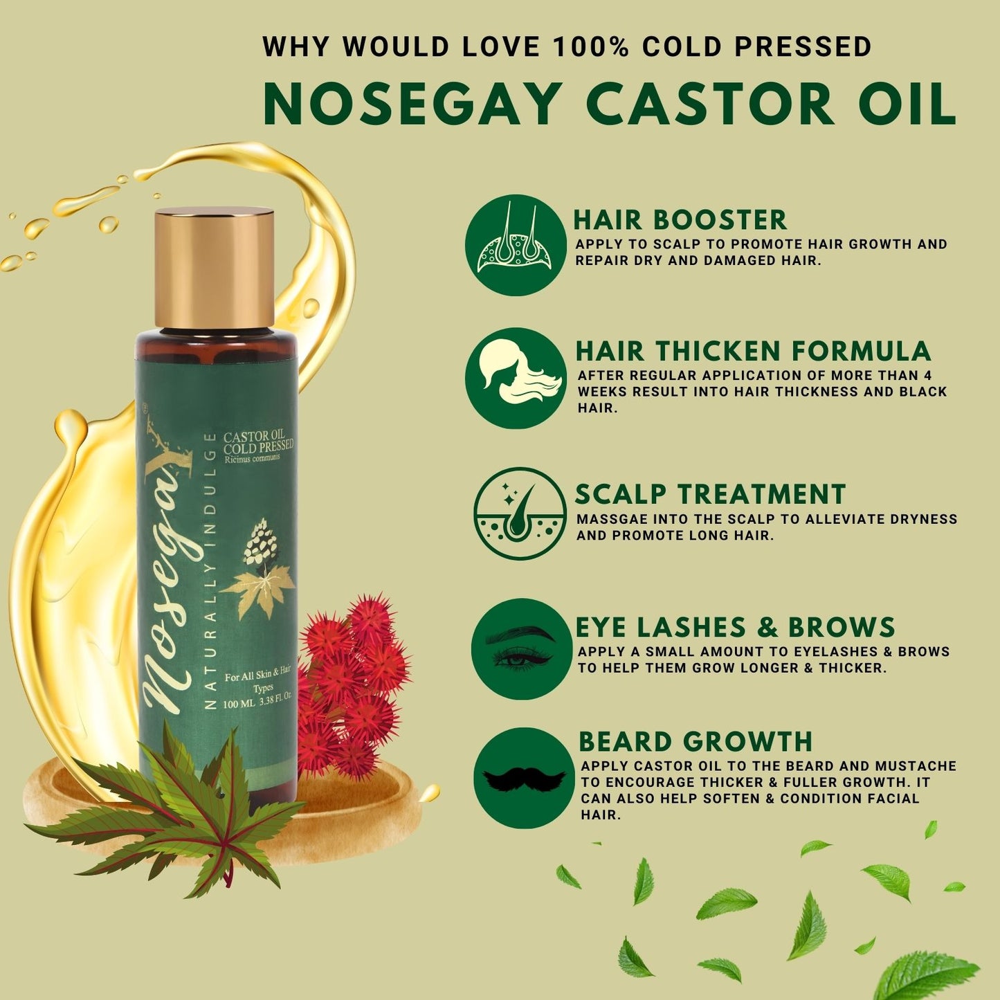Cold Pressed 100 % Pure Castor Oil For Intense Hair Growth | Thickening & Black | For Men & Women