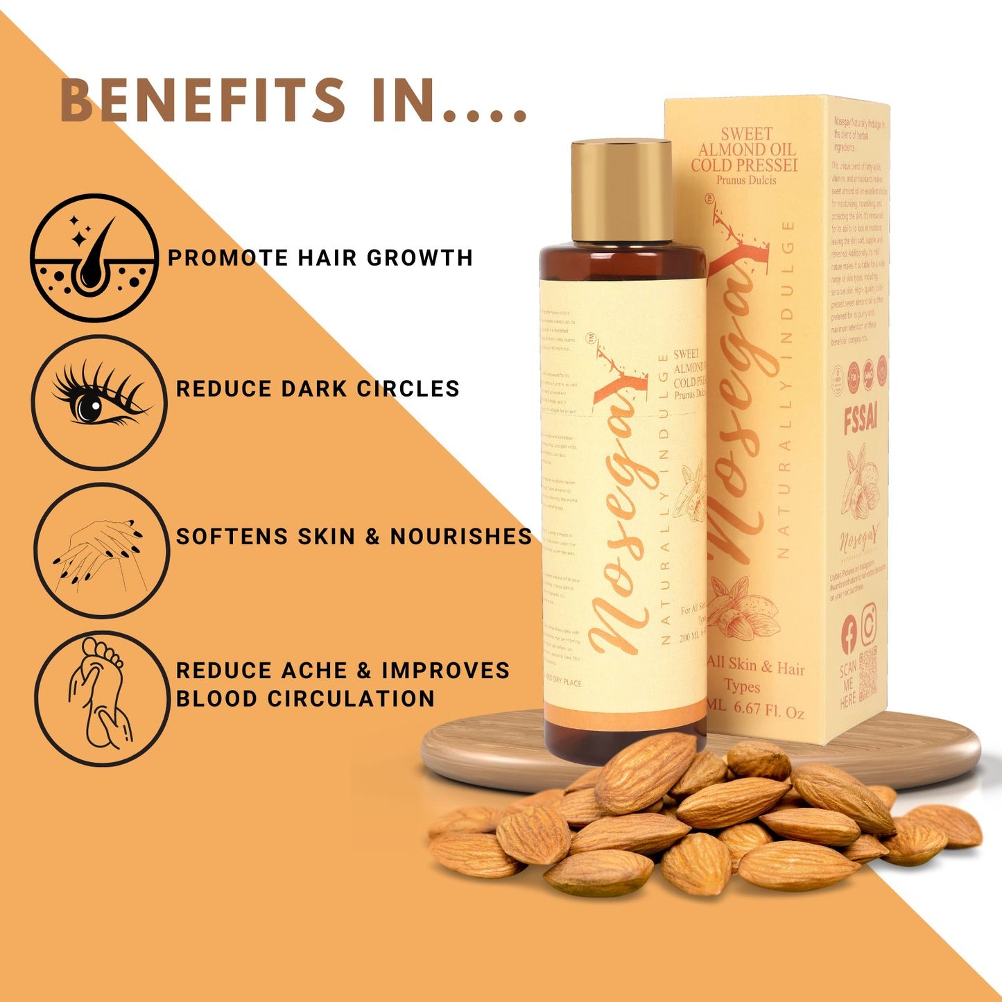 100%Pure Cold Pressed Sweet Almond Oil For Hair Thinning, Body Massage, Facial Massage, Women & Men