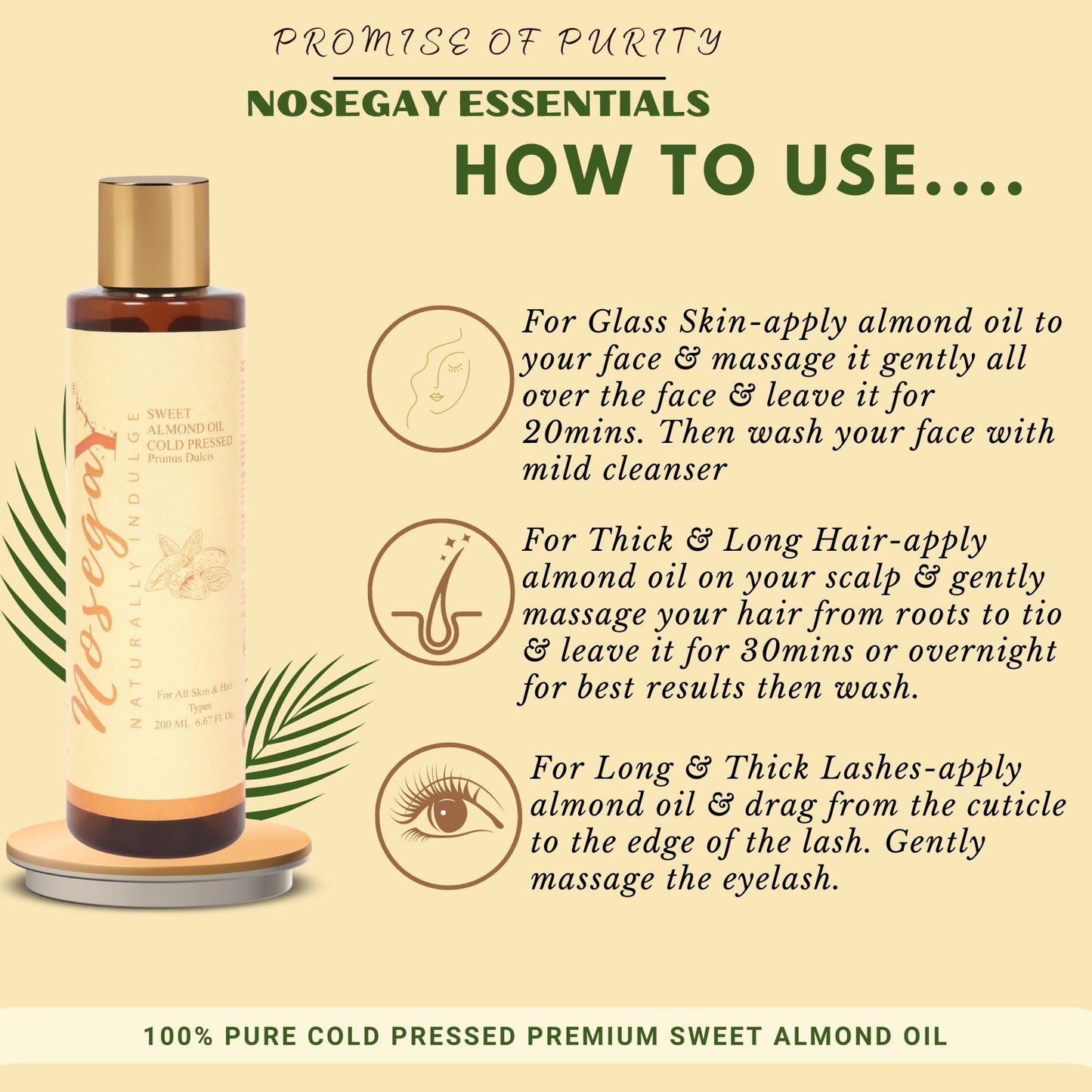 100%Pure Cold Pressed Sweet Almond Oil For Hair Thinning, Body Massage, Facial Massage, Women & Men
